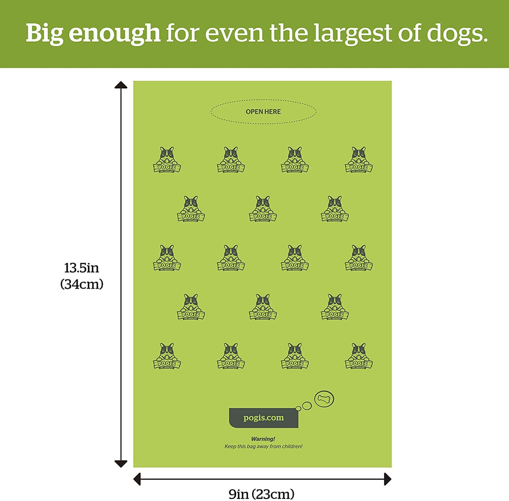 Dog poop bag sheet with 'Open Here' perforation layout and size guide (9 in x 13.5 in)