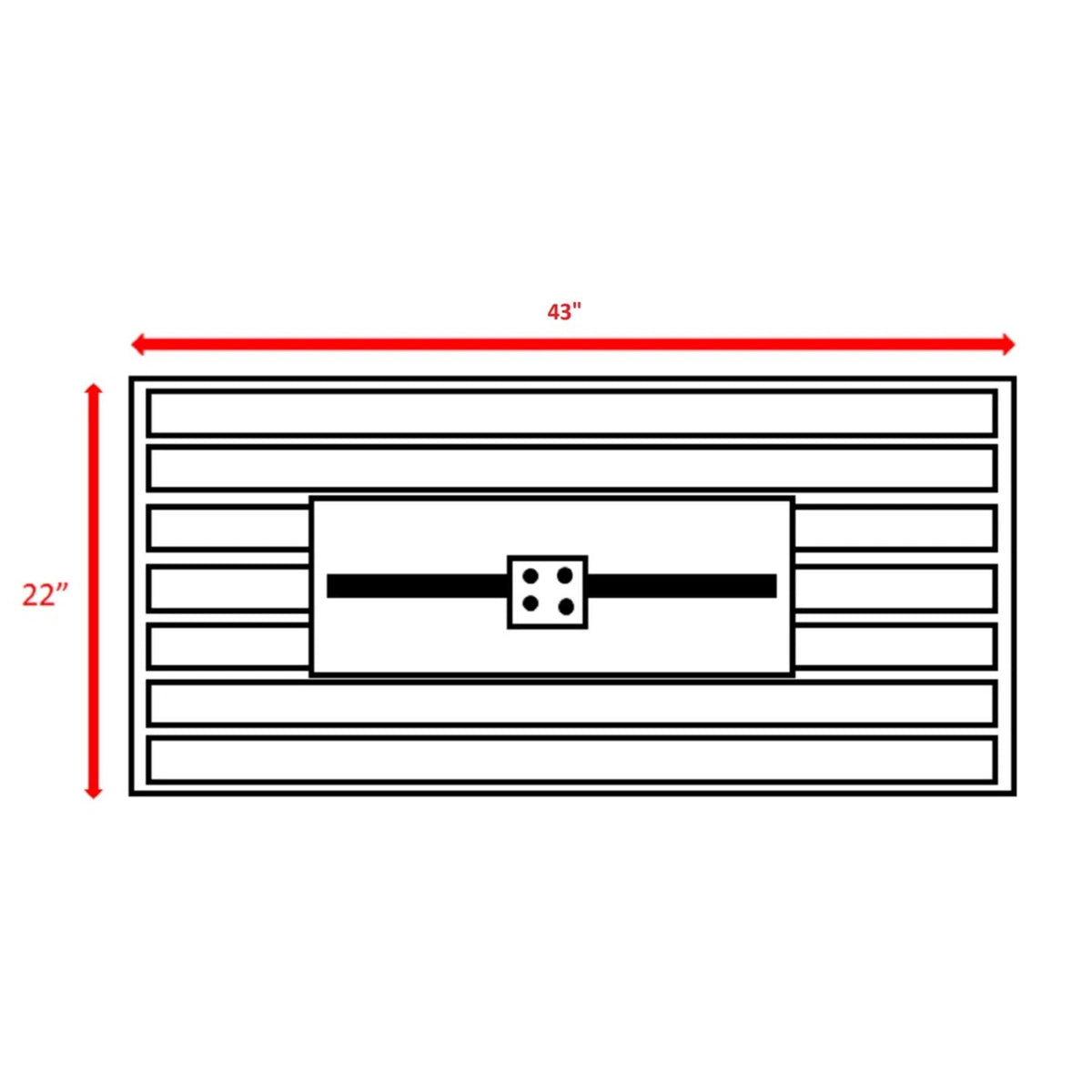 White rectangular fire pit table diagram showing 43-inch width and 22-inch height