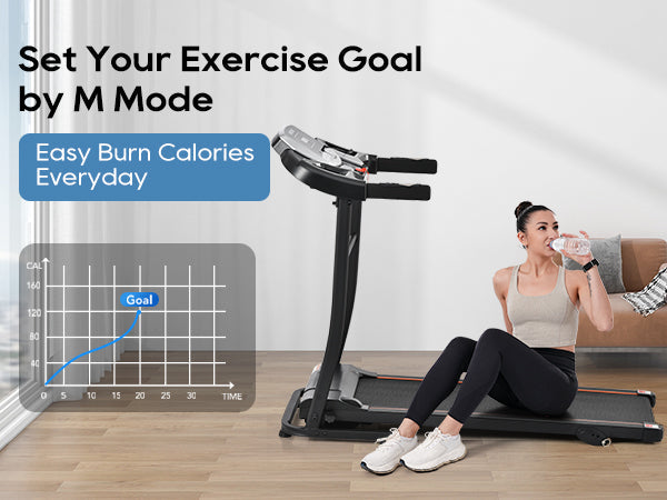 Black folding treadmill with console, user seated on bench position