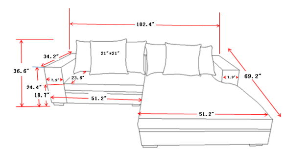 Sectional sofa layout dimensions diagram with chaise and seat measurements