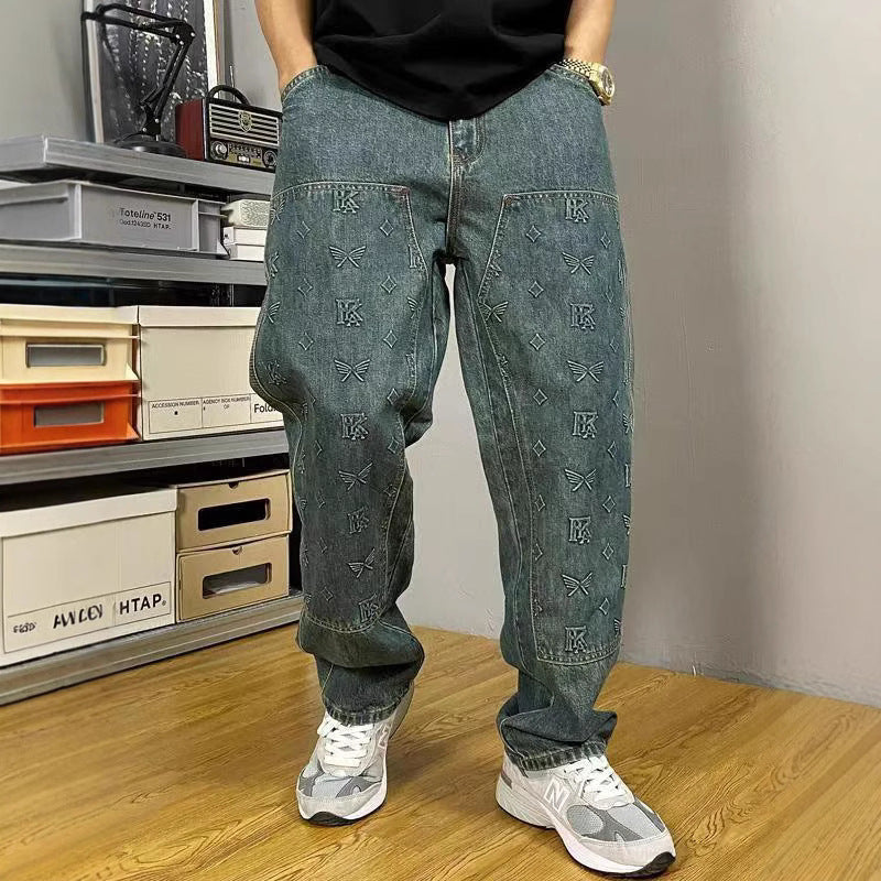 Men's loose straight-leg denim trousers, blue-green vintage wash with allover patterned print