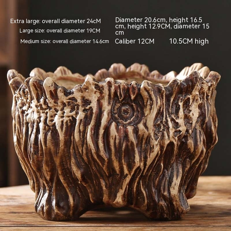 Extra-large ceramic flower pot with dark tree-root relief pattern and thick scalloped rim
