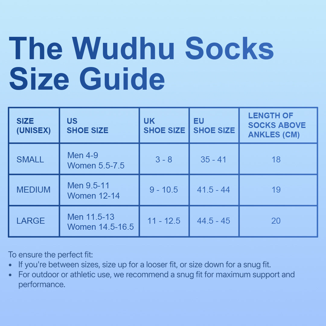Socks size chart with unisex sizing and ankle length measurements