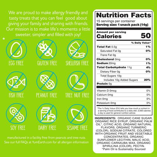 Yumearth Organic Sour Giggles nutrition facts and ingredient panel