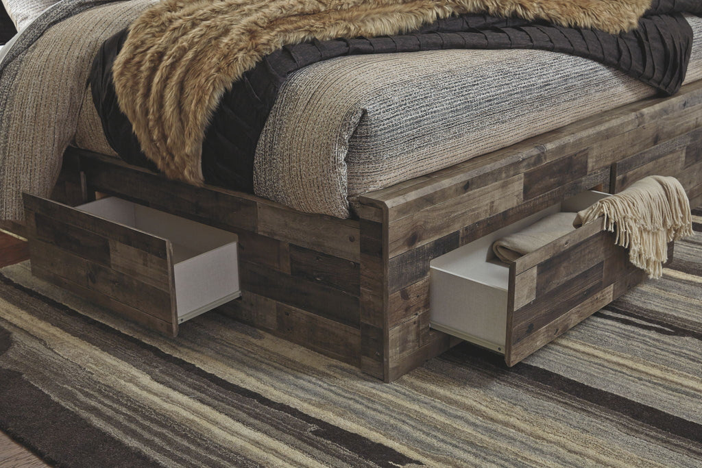 Derekson youth platform bed with side storage drawers and dark wood paneling