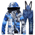 Blue-and-white patterned hooded ski jacket with blue bib overalls set