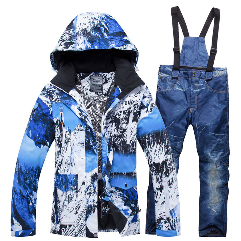 Blue-and-white patterned hooded ski jacket with blue bib overalls set