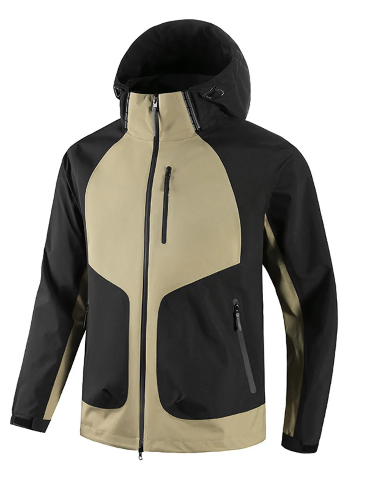Two-tone waterproof hooded outdoor jacket, black and beige, front zip, zip pockets