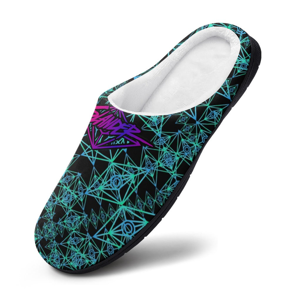 Teal cotton slip-on slipper with white lining and purple geometric graphic upper.