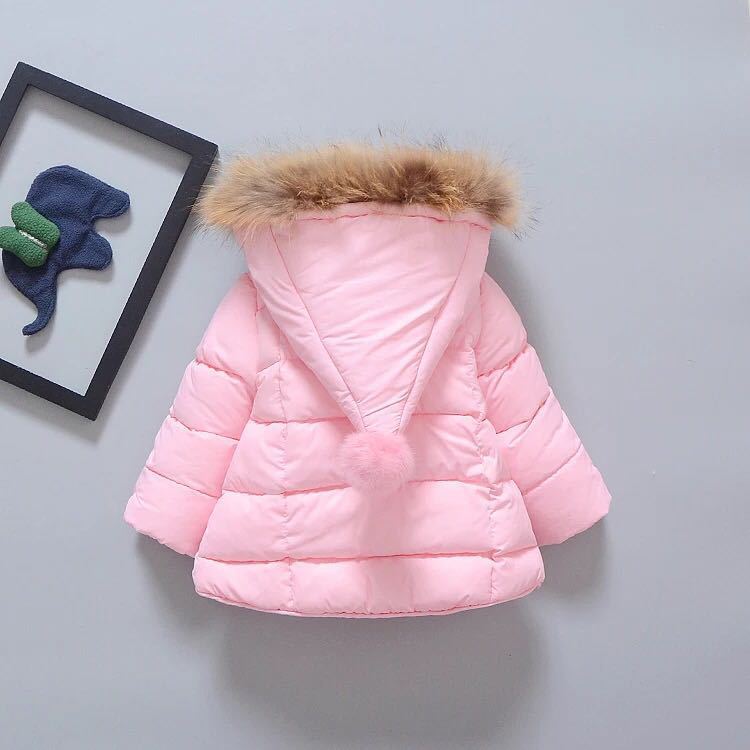 Pink hooded baby puffer jacket with faux-fur trimmed hood and front snap closure