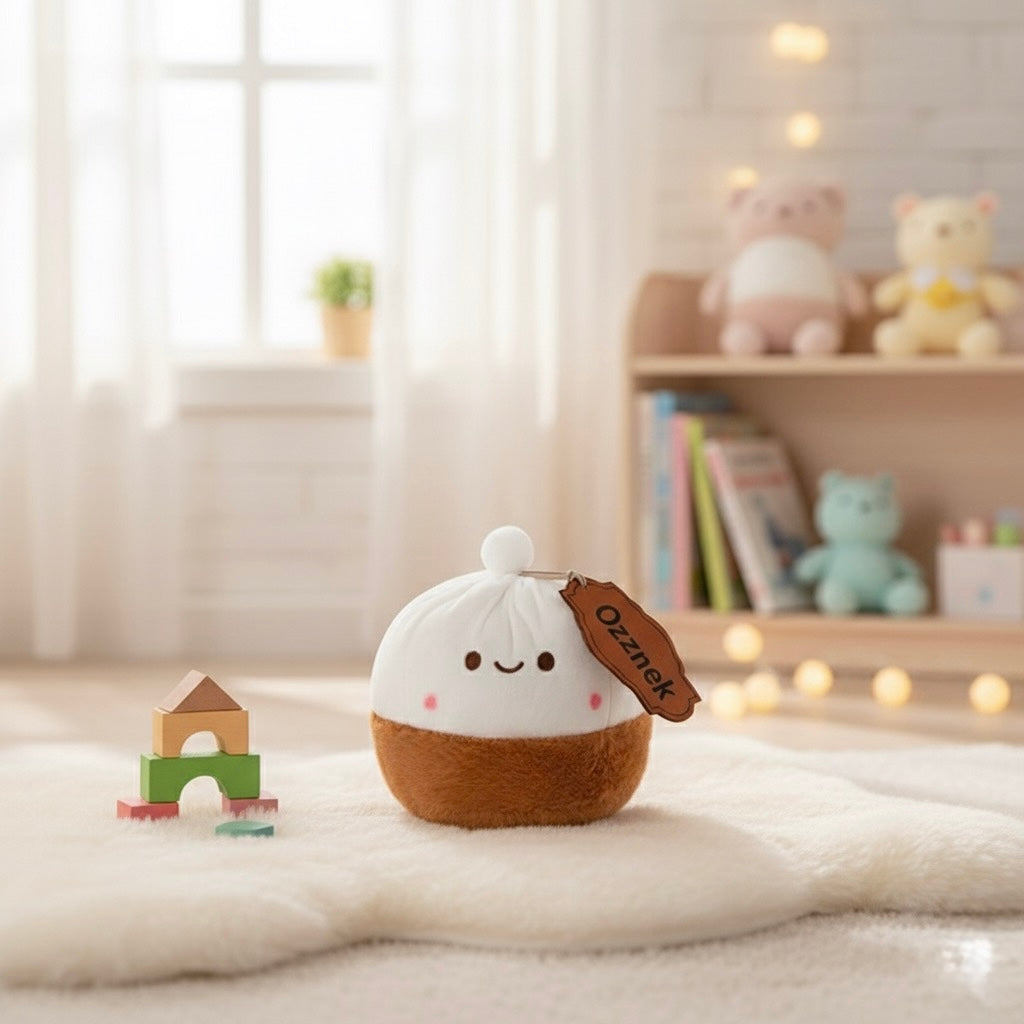 Soup dumpling plush toy, white top with small knot and brown rounded base