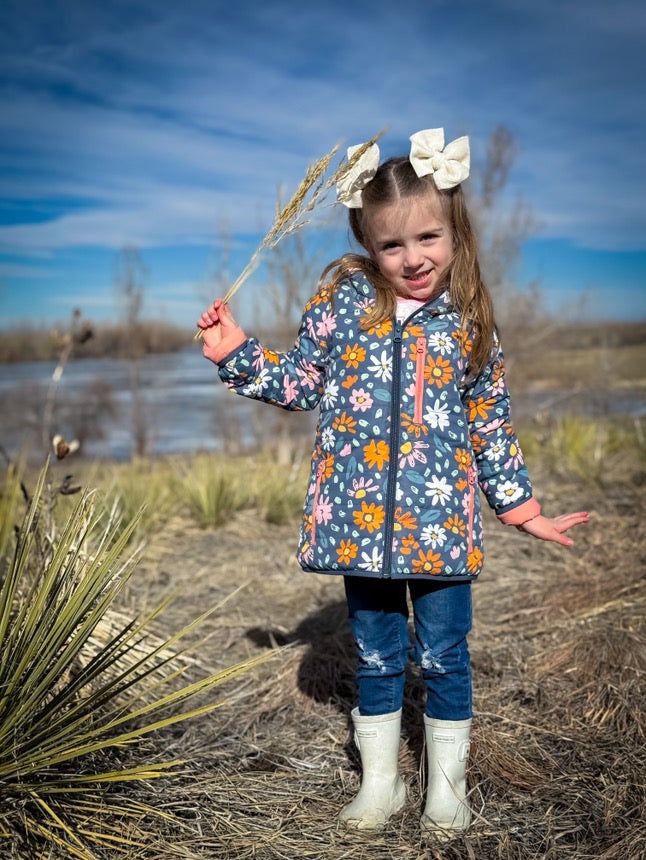 Kids lightweight puffy jacket, teal floral print with front zipper and hood
