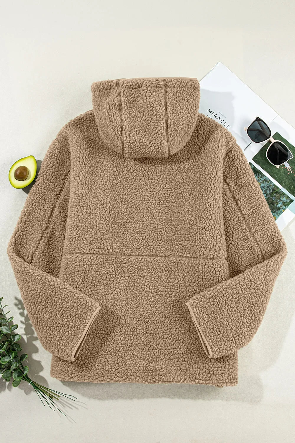 Khaki fleece zip-up hooded jacket back view with hood and two front pockets