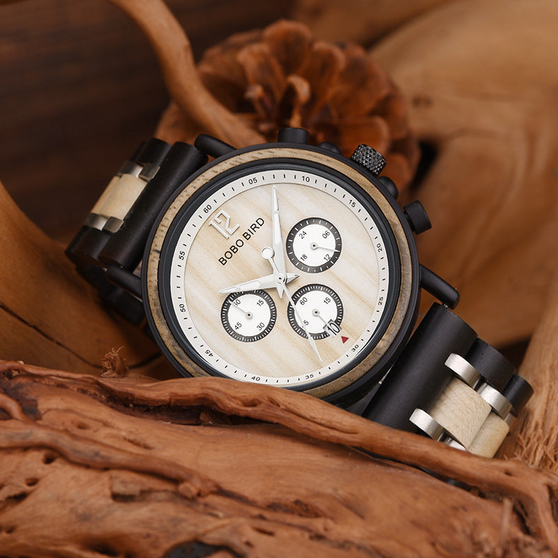 Black and beige wooden-look quartz sports watch with multi-dial white face and markers
