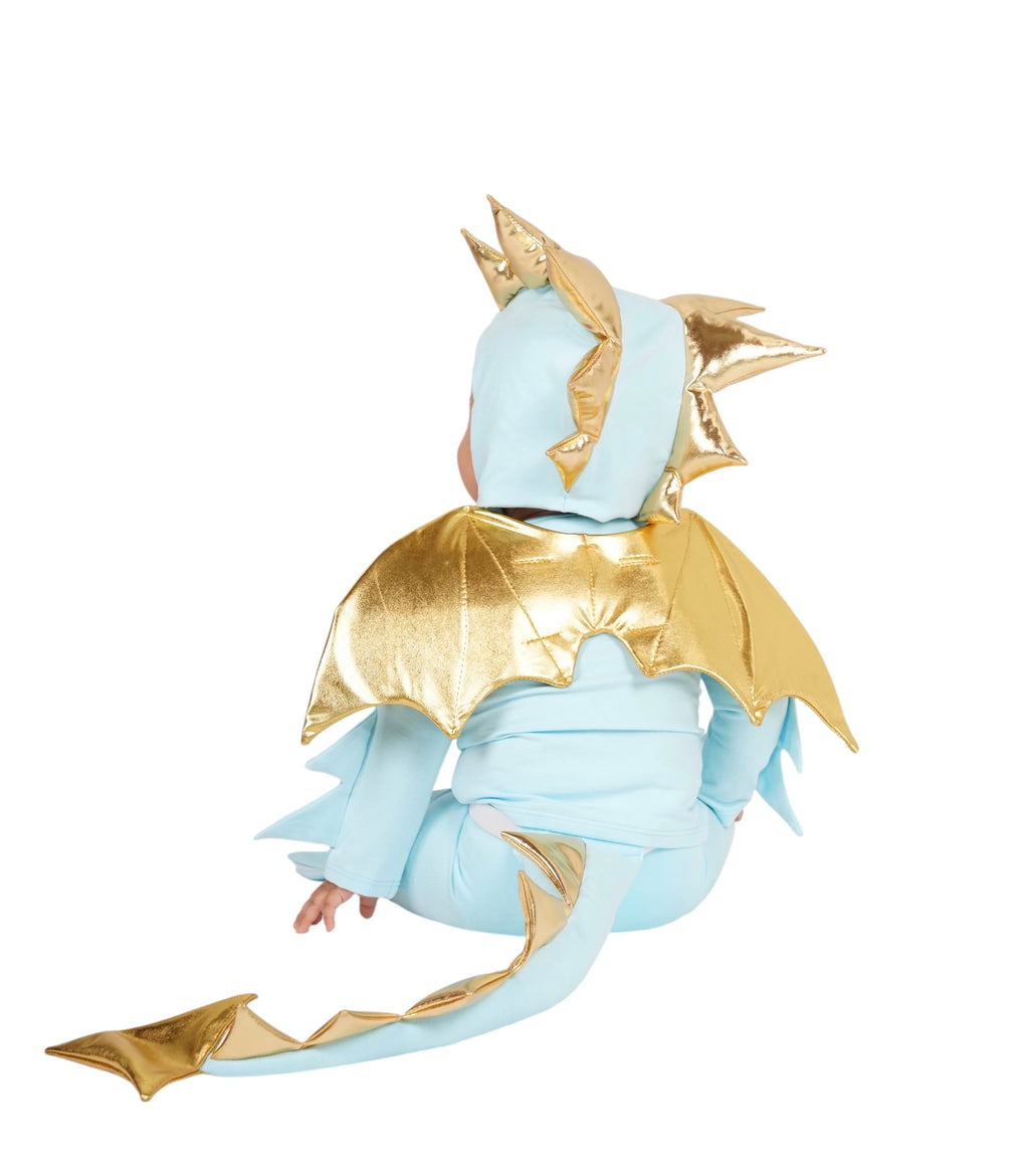Baby dragon costume with sky-blue hooded jumpsuit and gold circular cape