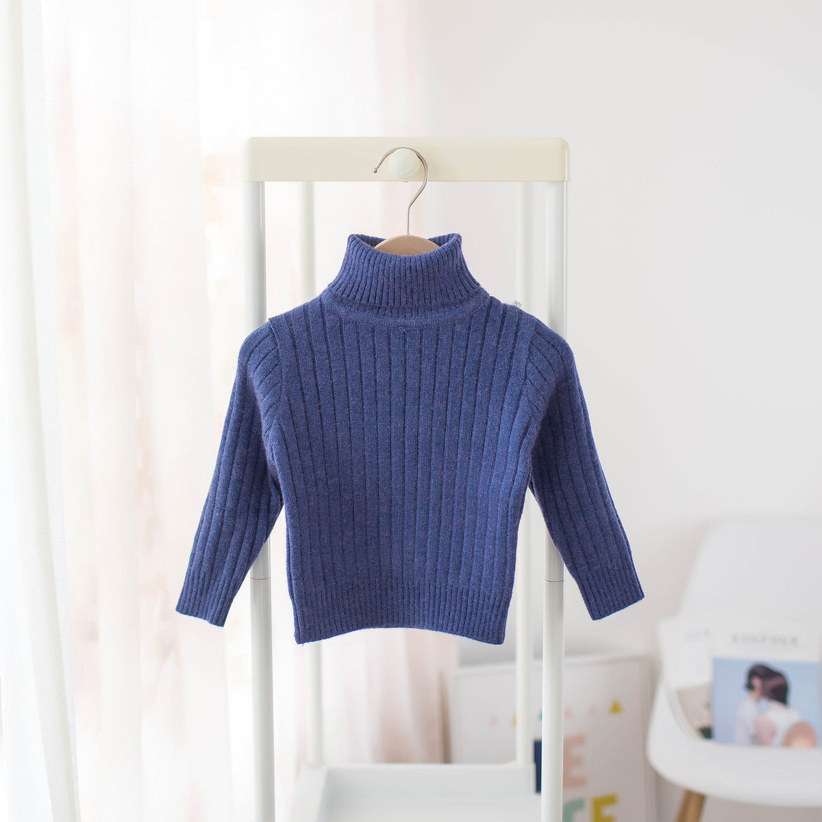 Kids ribbed turtleneck knit shirt, royal blue, long sleeves