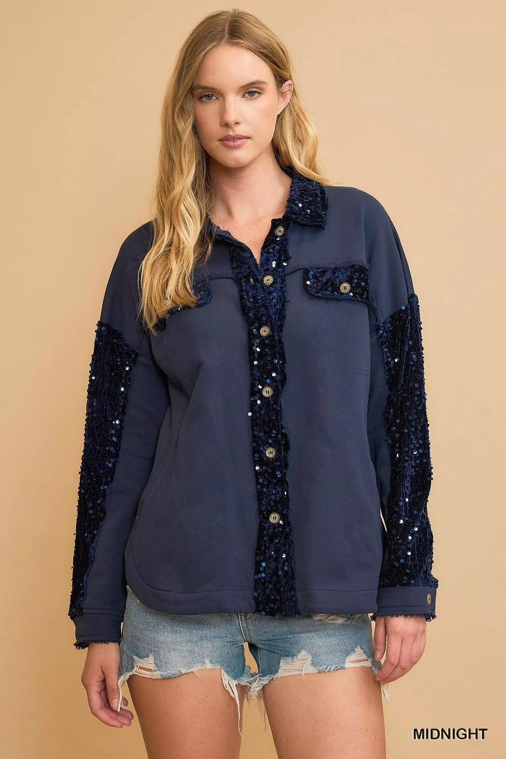 Midnight blue sequined French terry button-front jacket, long sleeves, patch pockets