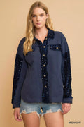Midnight blue sequined French terry button-front jacket, long sleeves, patch pockets