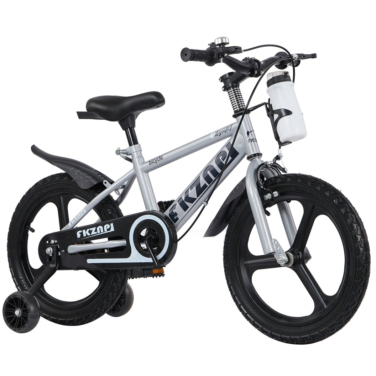 16-inch kids bike with training wheels, white frame, black seat and handlebar grips.
