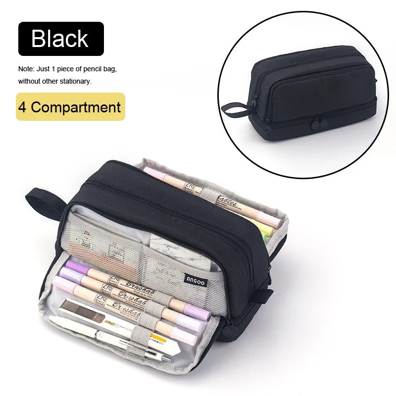 Black zippered pencil bag with strap, open organizer showing pens and 4 compartments.