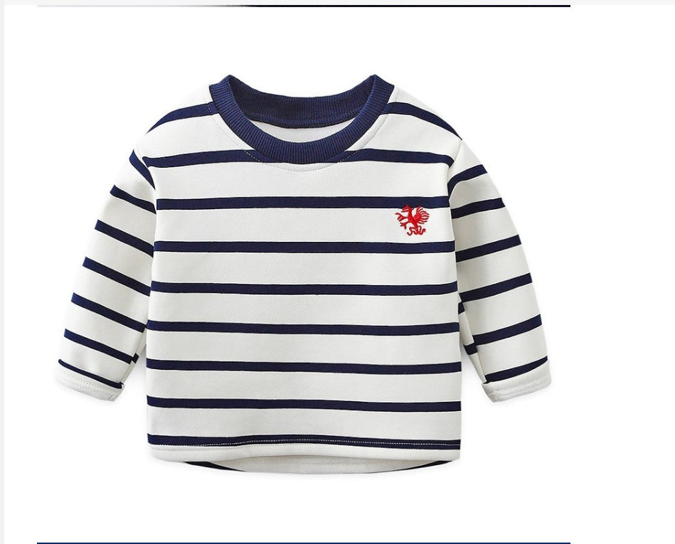 Children's navy-and-white striped crewneck pullover sweater, long sleeves