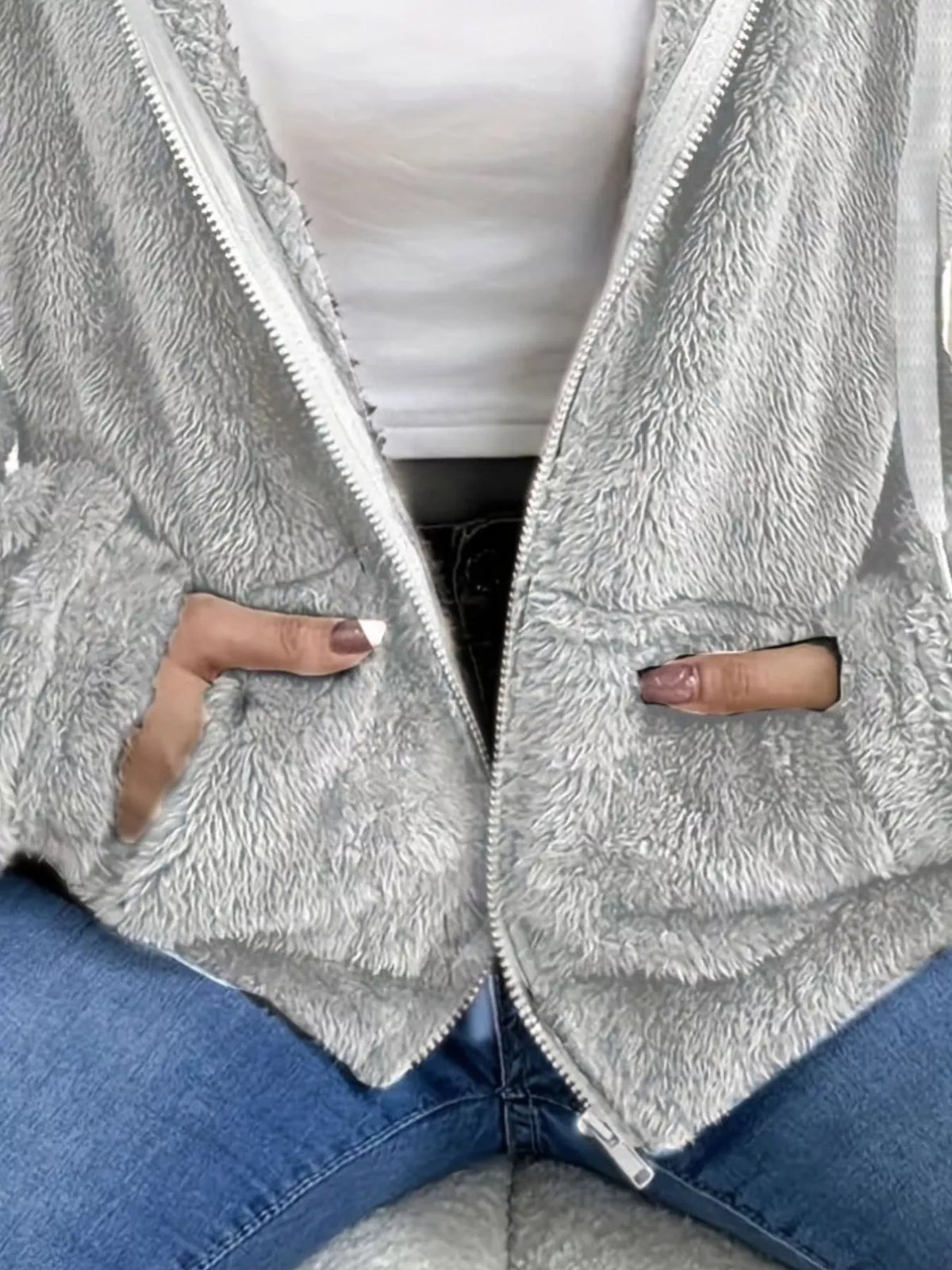 Light gray fleece zip-up jacket open-front view with two side pockets