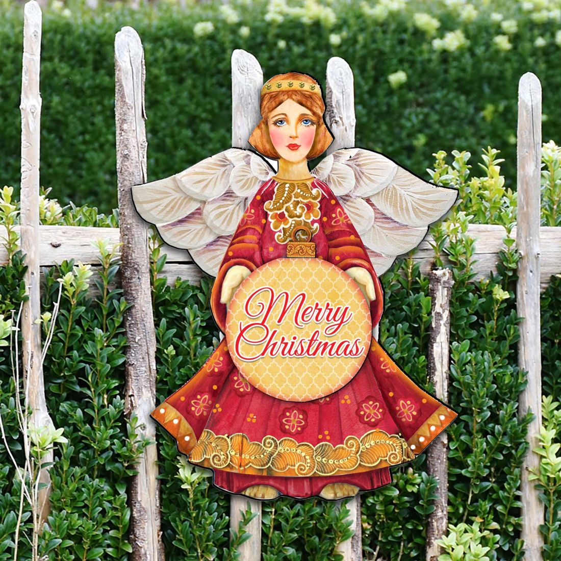 Nativity angel ornament, red gown with gold trim, 'Merry Christmas' heart and wings