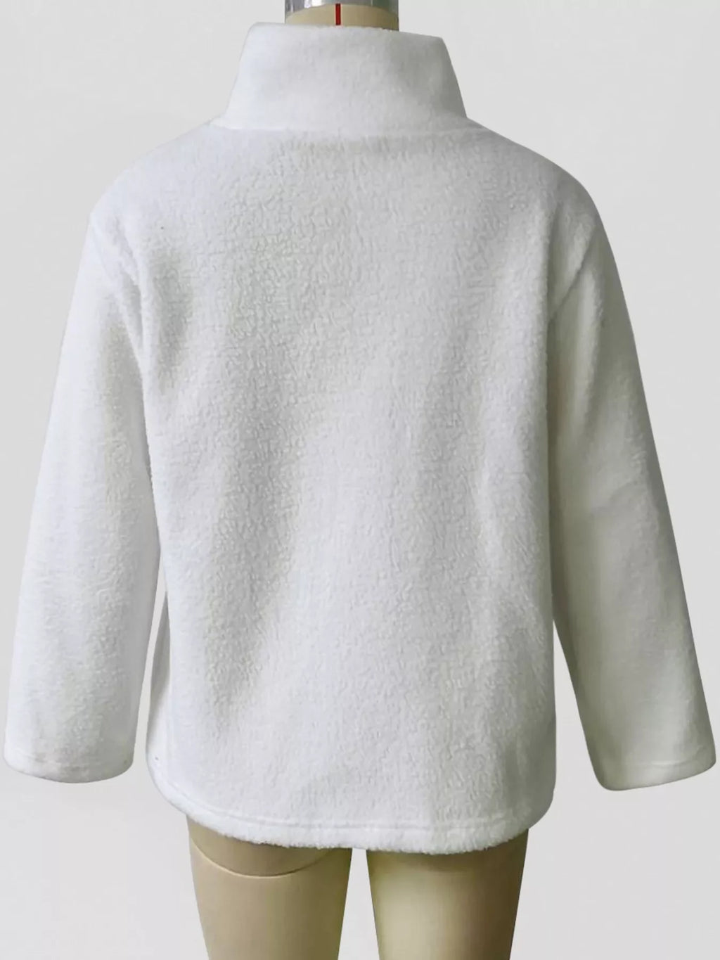 White sherpa fleece zip-up jacket back view on mannequin, full sleeves