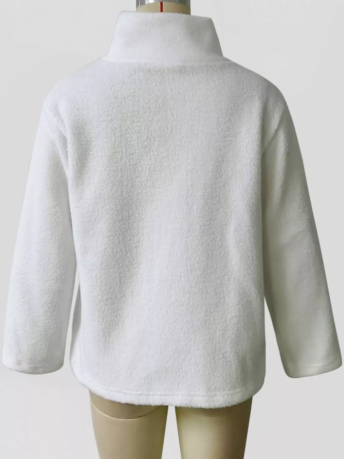 White sherpa fleece zip-up jacket back view on mannequin, full sleeves