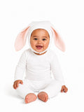 Baby ivory bunny hooded romper with long pink ears, front view