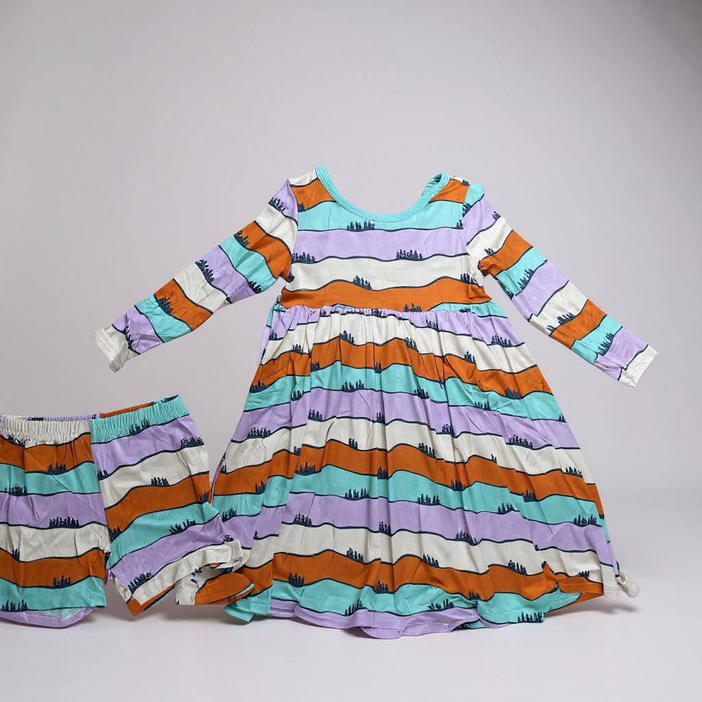 Girls striped long-sleeve twirl dress with gathered waist and multicolor horizontal bands