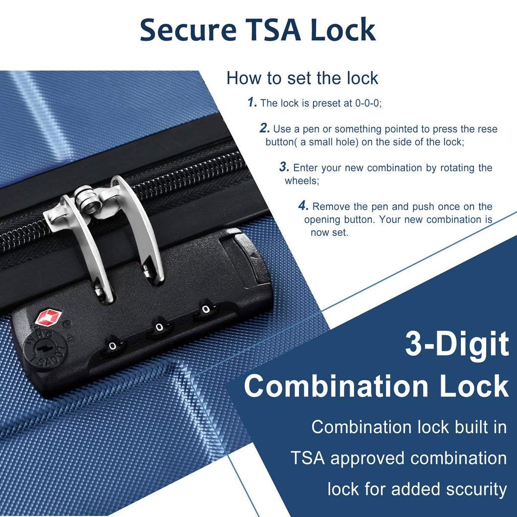 Close-up of TSA 3-digit combination lock on blue hard-shell luggage zipper