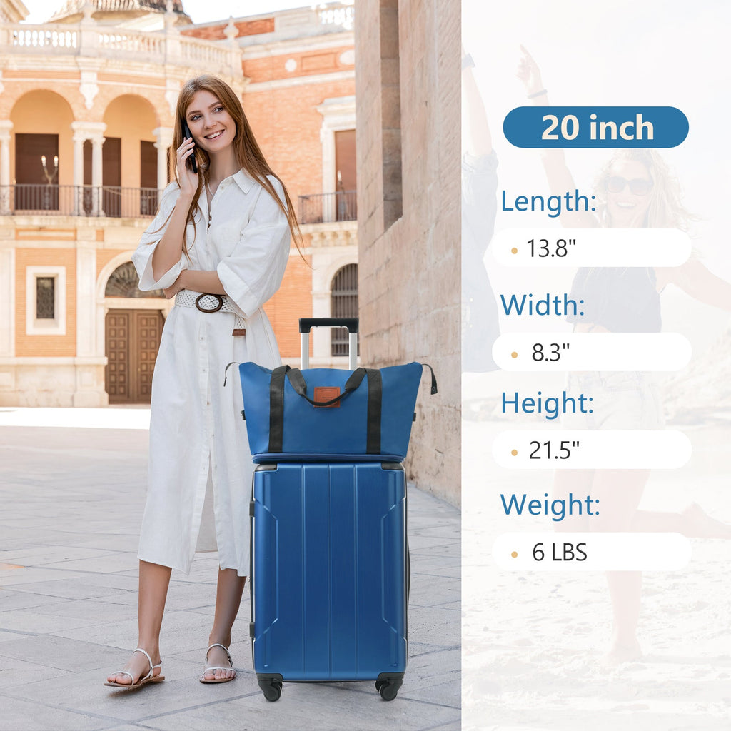 Blue 20-inch carry-on hard-shell suitcase with wheels and extended handle