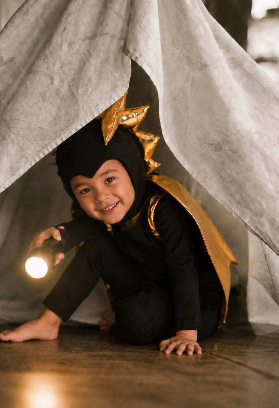 Black and gold dragon costume with hood, spikes on headpiece, and wing cape