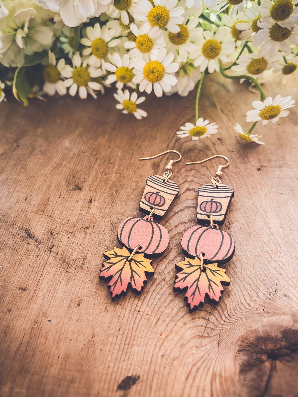 Dangling wood earrings with coffee cup charm, pumpkin charm, and maple leaf