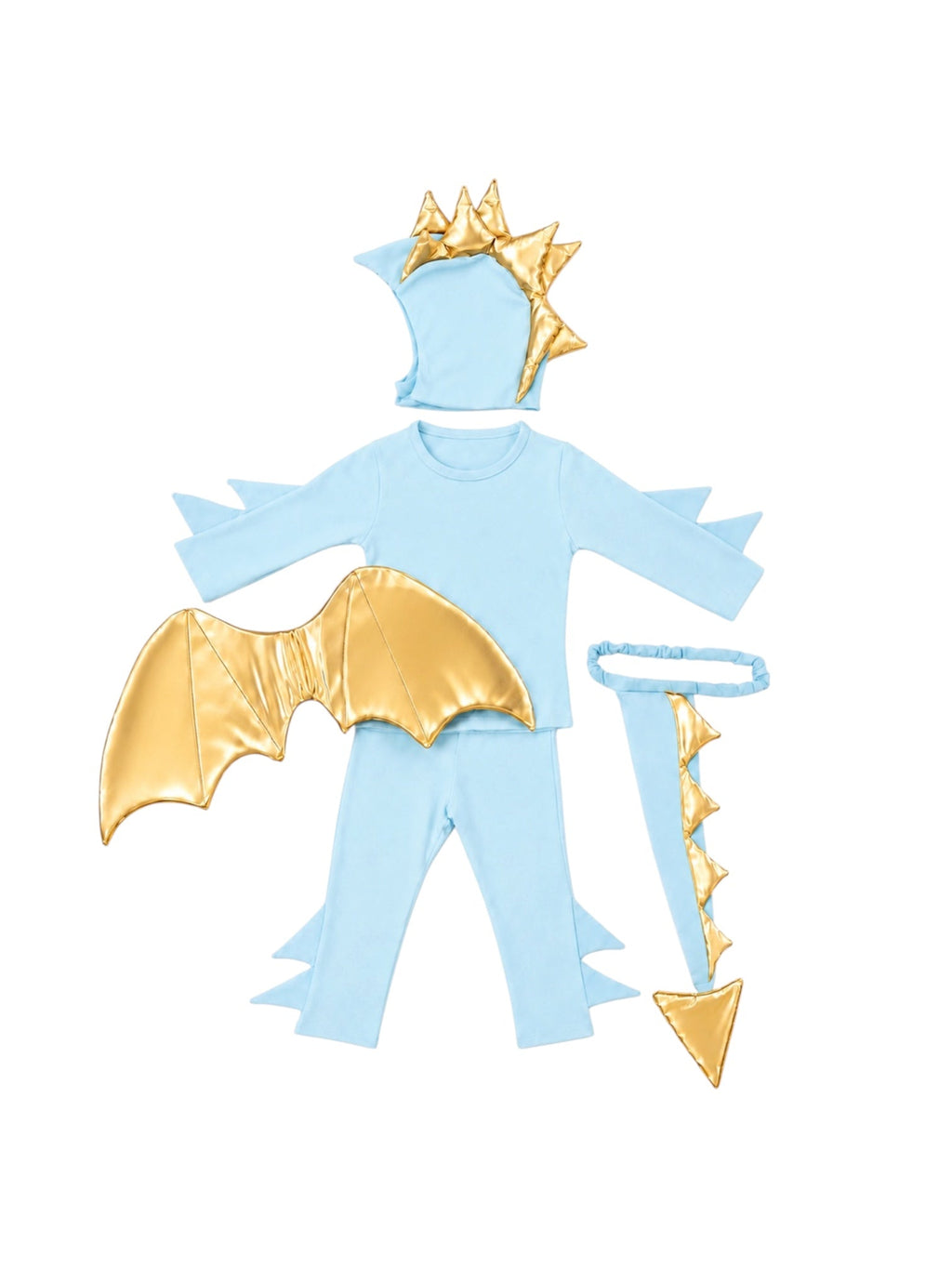 Dragon costume set: light blue long-sleeve top, pants, gold drape cape, and spike hat.