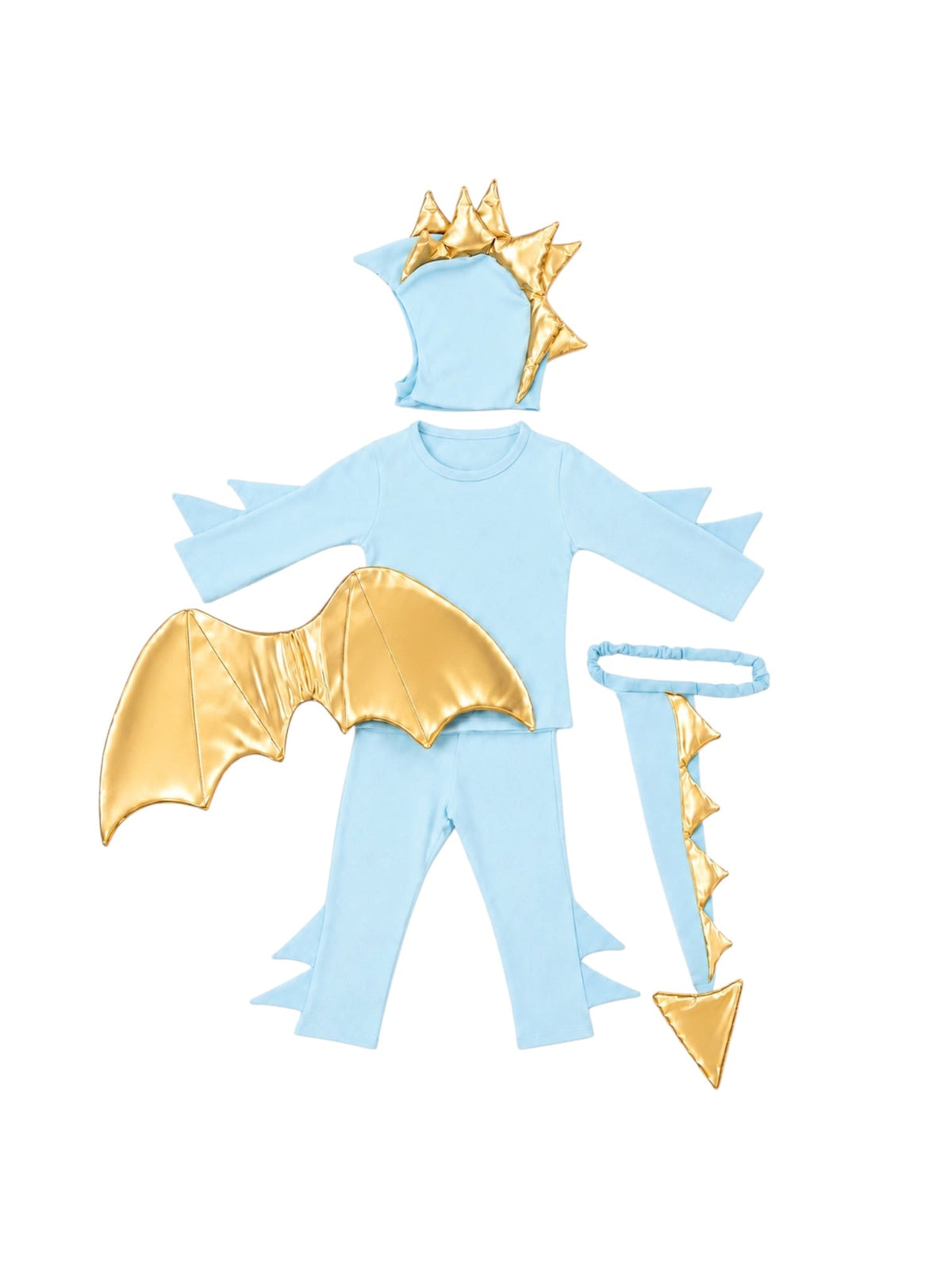 Dragon costume set: light blue long-sleeve top, pants, gold drape cape, and spike hat.