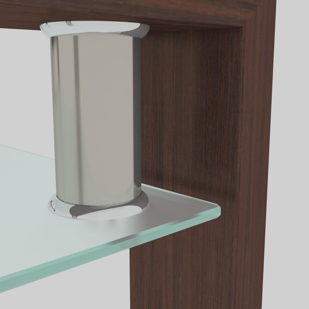 Close-up of clear glass shelf supported by chrome brackets on a walnut side panel