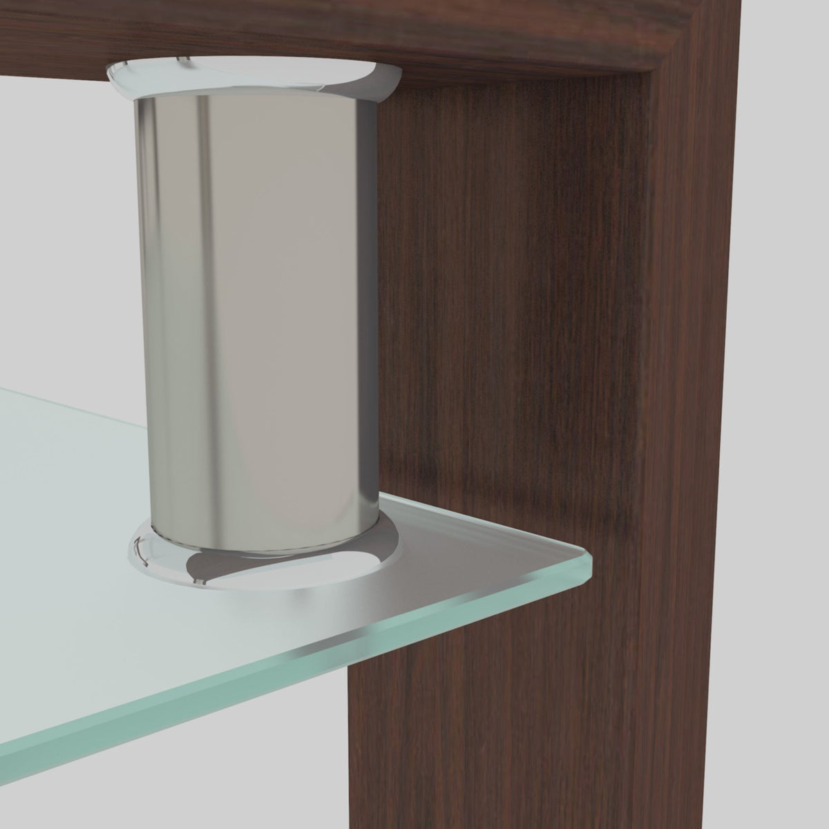 Close-up of clear glass shelf supported by chrome brackets on a walnut side panel
