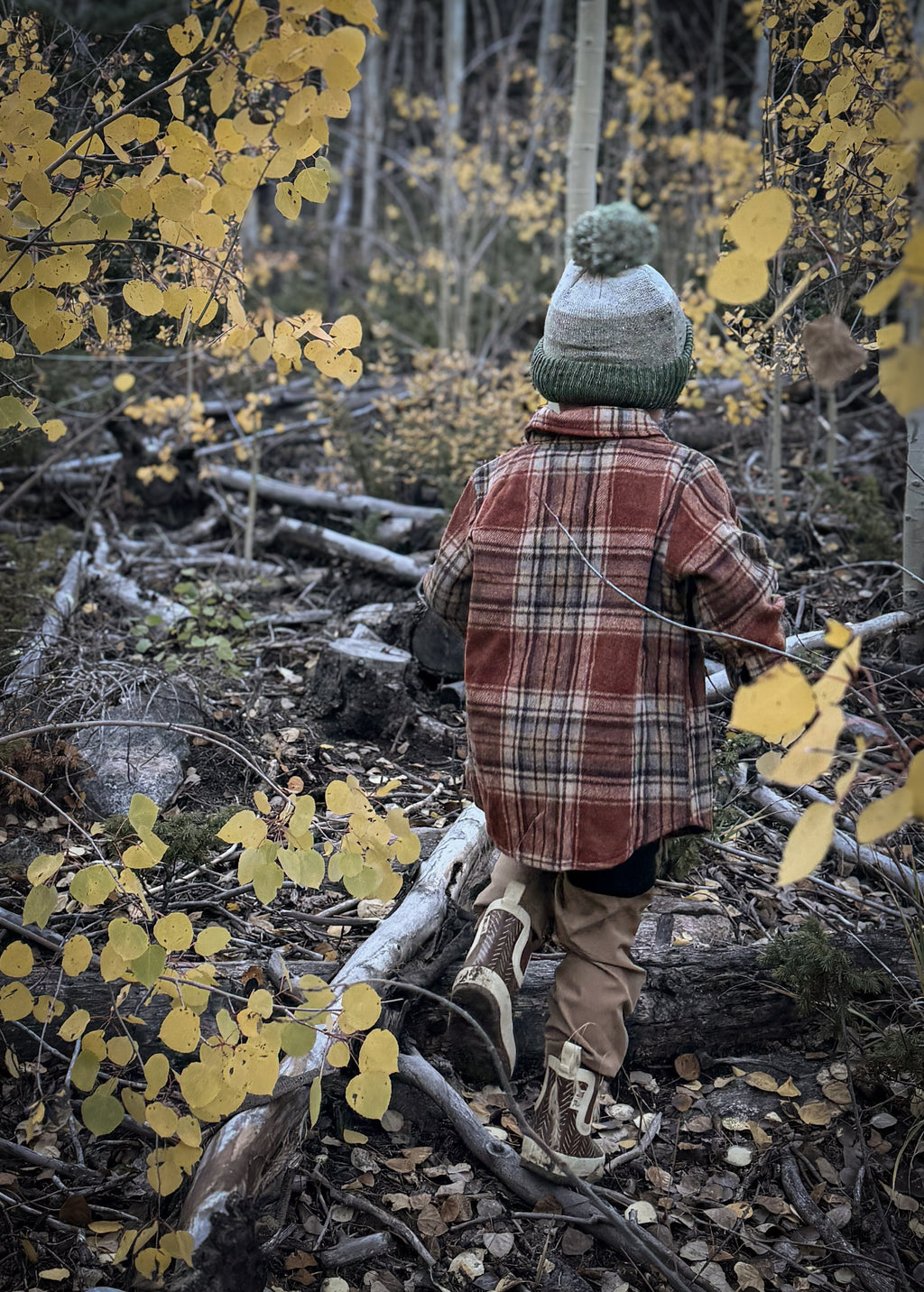 Plaid flannel button-up shirt with full back view, red and tan plaid pattern