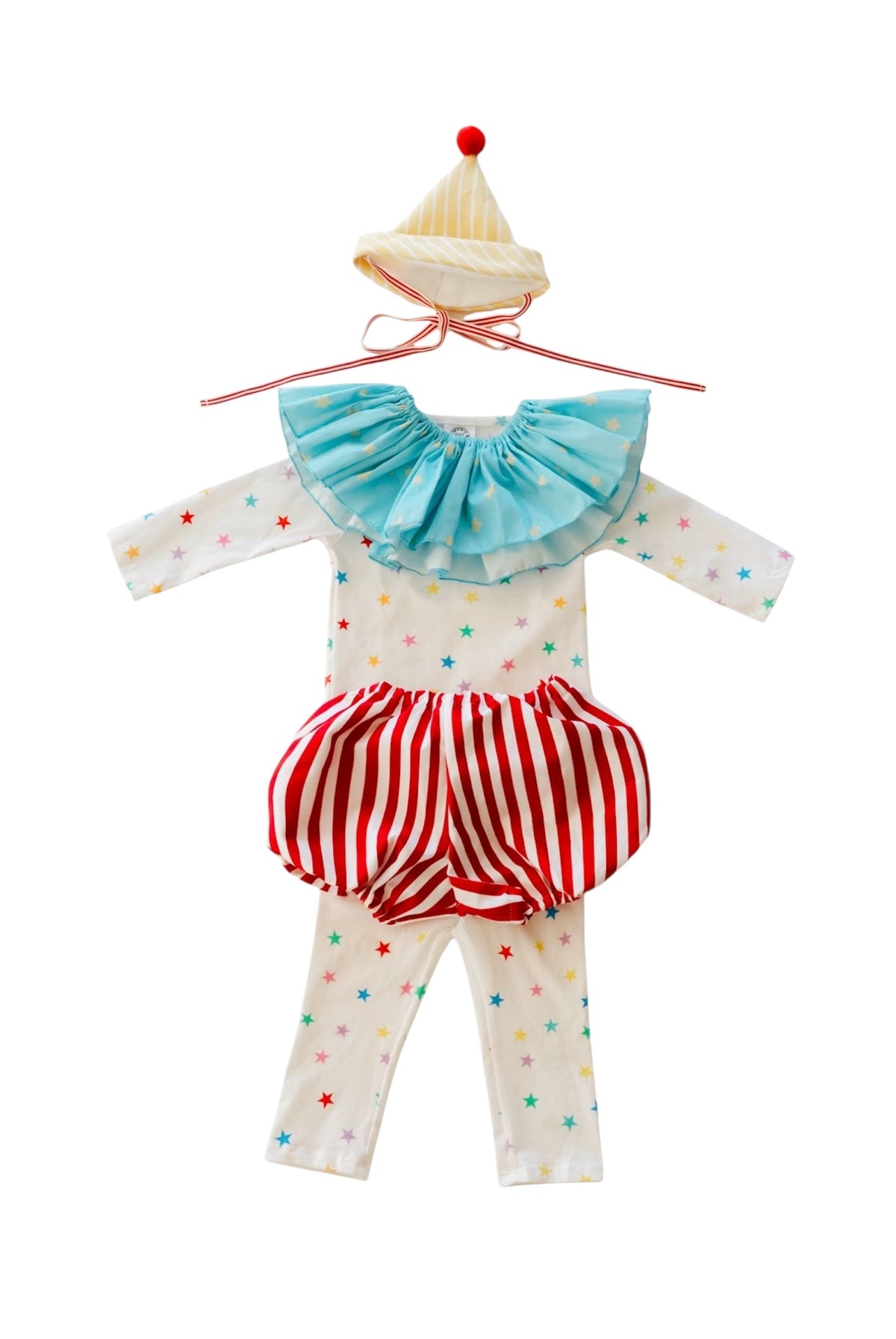 Clown costume set: star long-sleeve shirt, blue ruffled collar, red striped bloomers, yellow hat