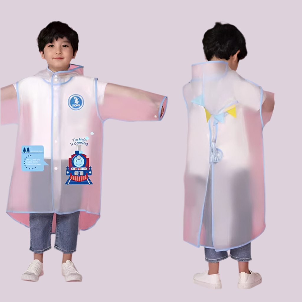 Kids clear raincoat front and back view with hood, visor, and cartoon patches