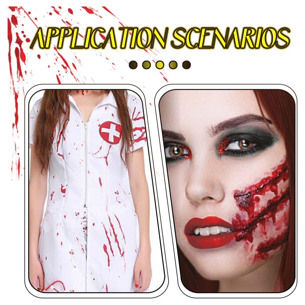 Fake blood makeup application on face and white shirt with red smears