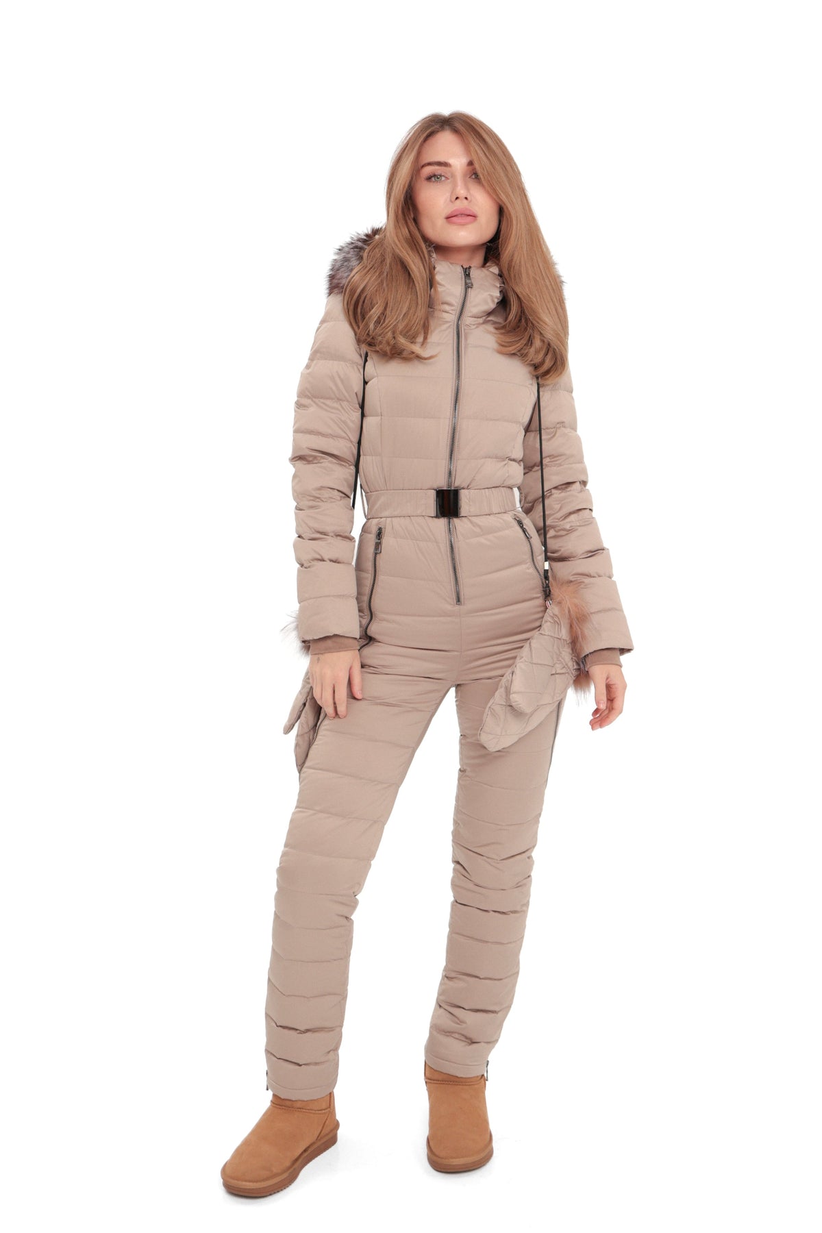 Beige down-insulated snow suit with belt, hood, and faux fur trim, full-body front