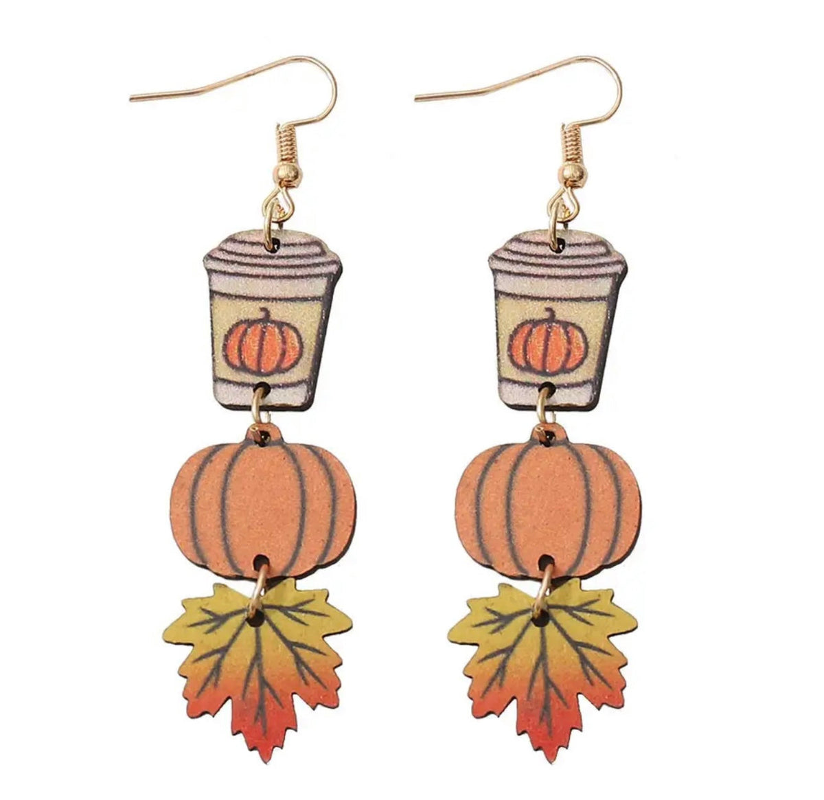 Wood drop earrings showing coffee cup and pumpkin charm with leaf accents
