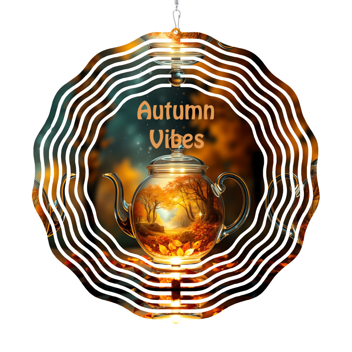 Circular wind spinner with teapot ornament and brown and black striped ring