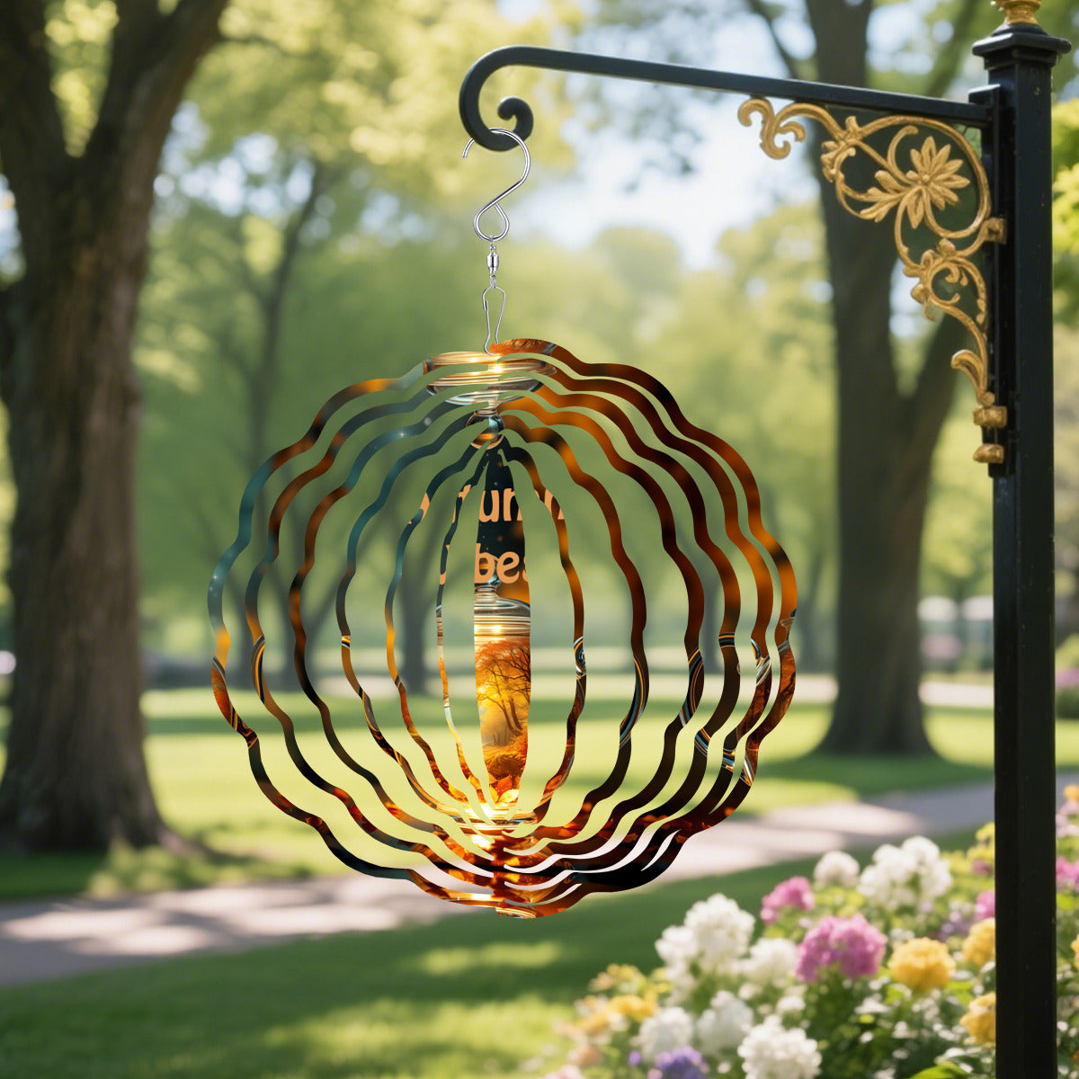Outdoor circular wind spinner with hanging teapot and striped metal ring on stand