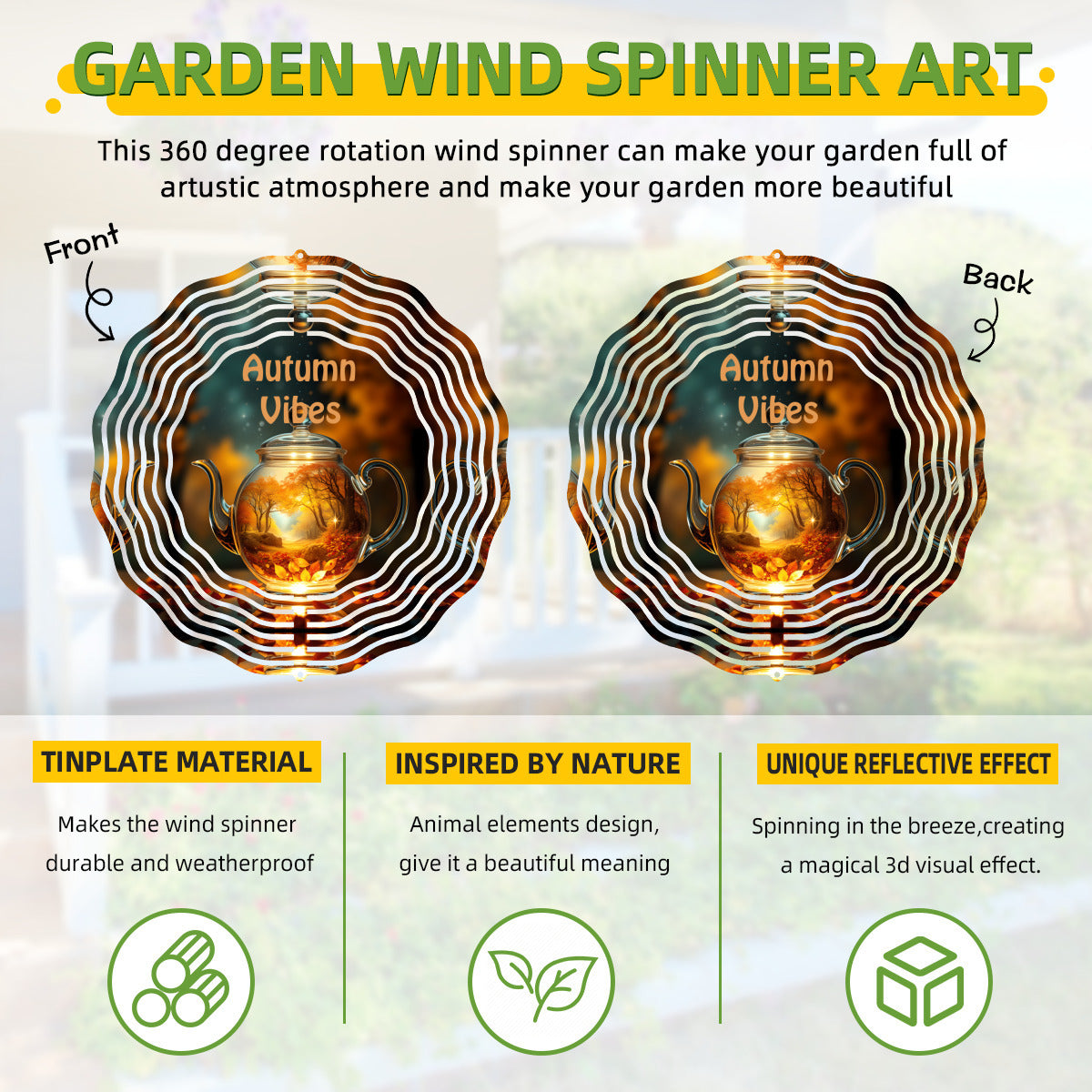 Double-sided circular wind spinner with teapot ornament and striped design
