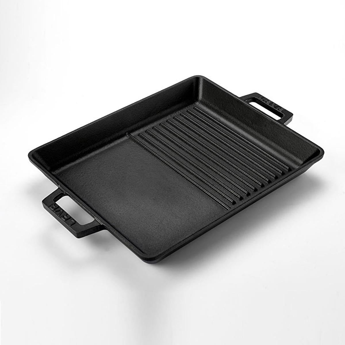 Rectangular cast iron grill pan with raised ridged grill area and side handles