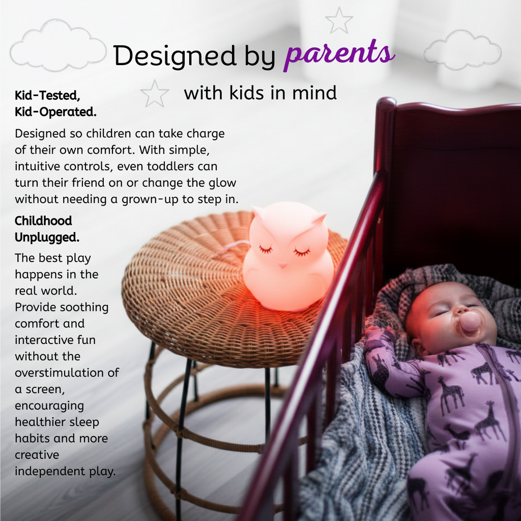 Pink-glowing owl touch night light on a chair beside a sleeping baby
